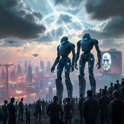 A striking and thought-provoking conceptual image depicting a futuristic world where artificial intelligence and robots dominate humanity