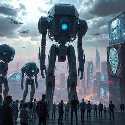A striking and thought-provoking conceptual image depicting a futuristic world where artificial intelligence and robots dominate humanity