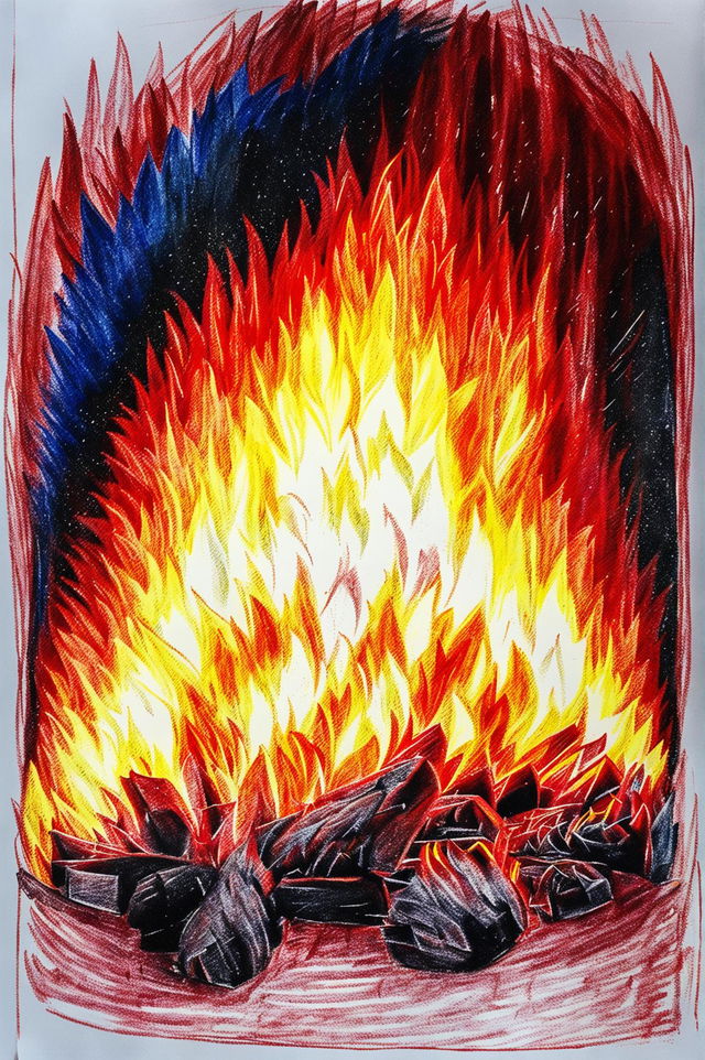 A vibrant and dynamic crayon drawing of a fire, with a blend of brilliant oranges, deep reds, and bright yellows creating a captivating image