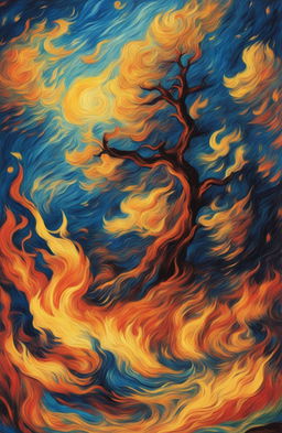 An impressive drawing of a fire in the unique style of Vincent Van Gogh, filled with dynamic movement and vibrant colors