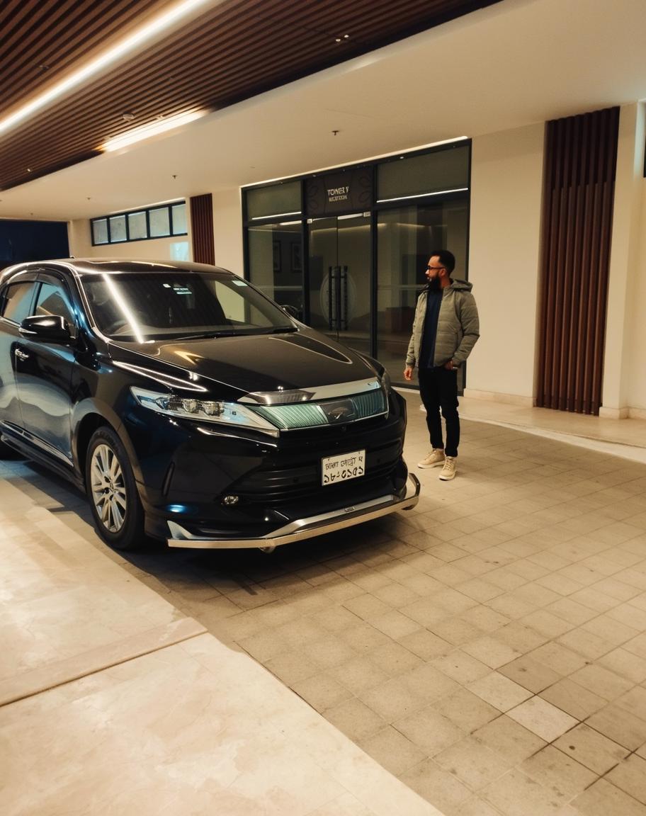 A stylish urban scene with a modern black SUV parked in a sleek, well-lit lobby area