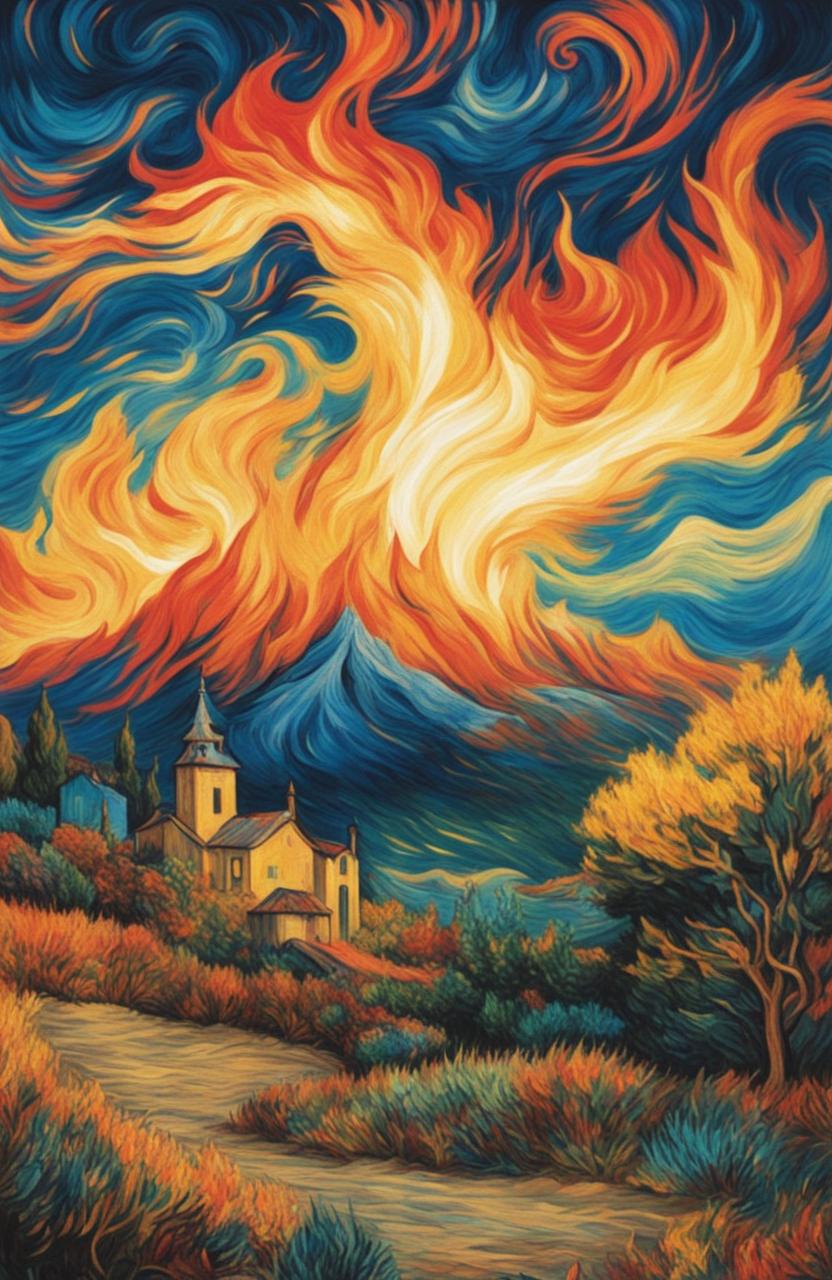 An impressive drawing of a fire in the unique style of Vincent Van Gogh, filled with dynamic movement and vibrant colors