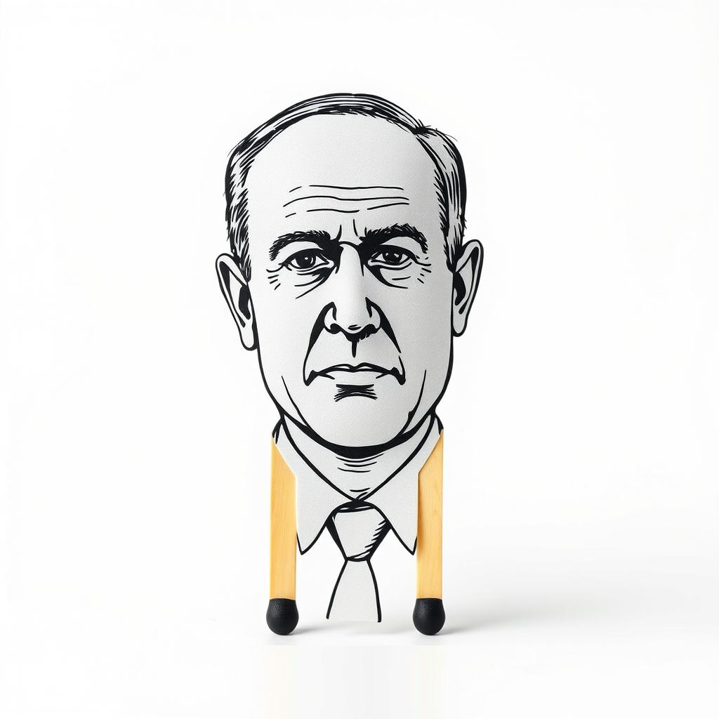 A standing match design featuring the black sulfur part sculpted into the shape of Benjamin Netanyahu, an Israeli politician, illustrated from the front view