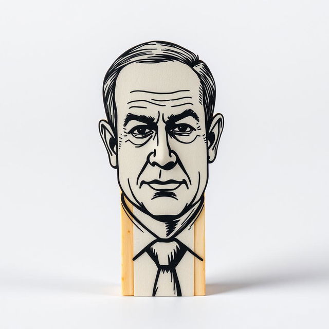 A standing match design featuring the black sulfur part sculpted into the shape of Benjamin Netanyahu, an Israeli politician, illustrated from the front view