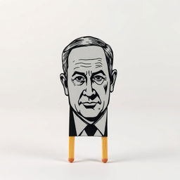 A standing match design featuring the black sulfur part sculpted into the shape of Benjamin Netanyahu, an Israeli politician, illustrated from the front view
