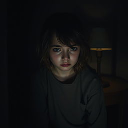 A sad girl sitting alone in a dimly lit room, crying