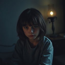 A sad girl sitting alone in a dimly lit room, crying