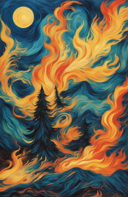 An impressive drawing of a fire in the unique style of Vincent Van Gogh, filled with dynamic movement and vibrant colors