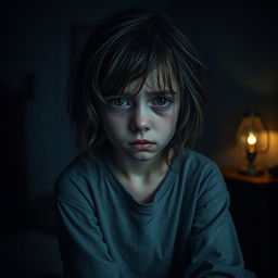 A sad girl sitting alone in a dimly lit room, crying