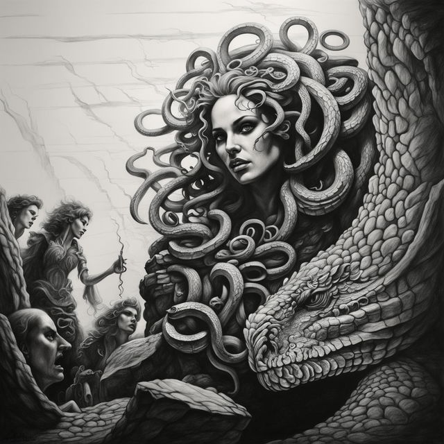 A black and white pencil drawing of Medusa and her victims