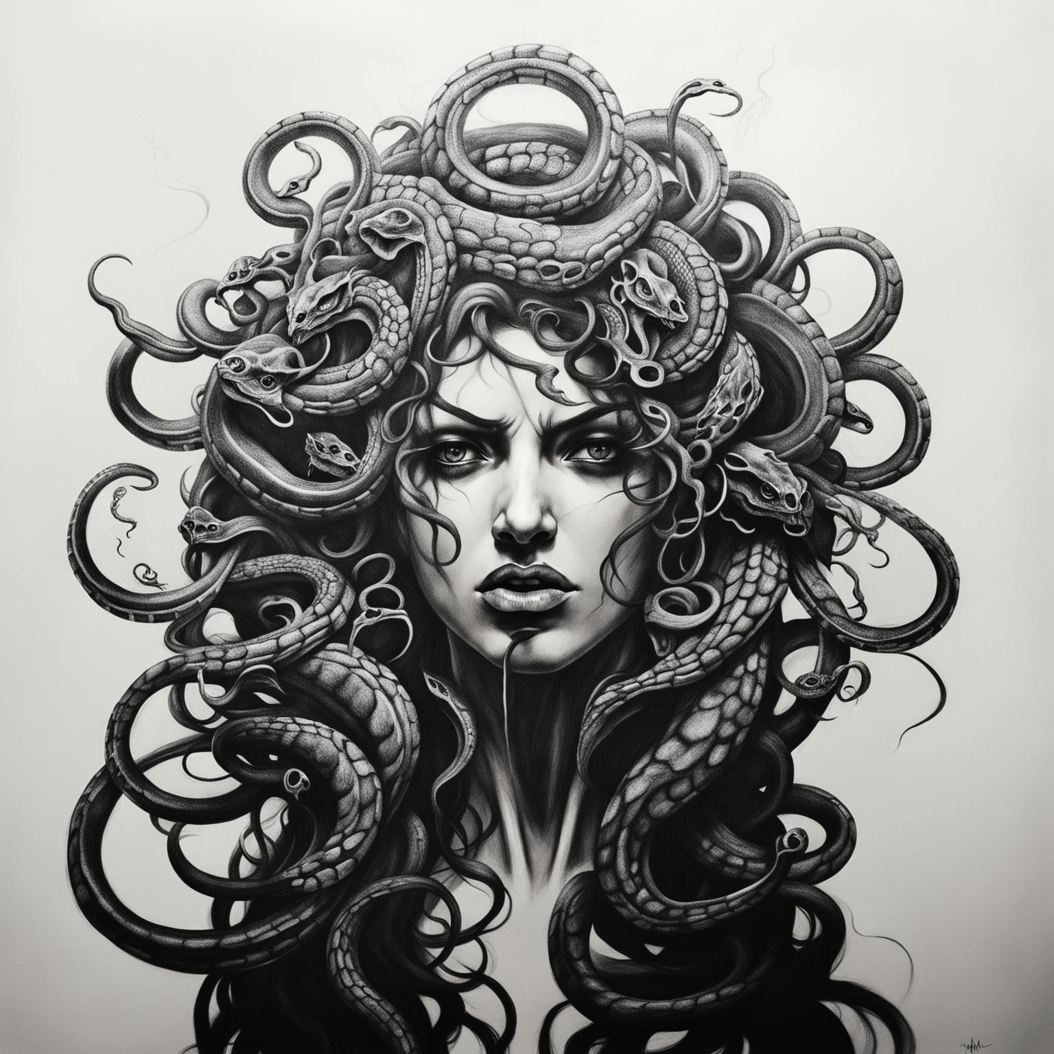 This is a detailed black and white pencil drawing of Medusa