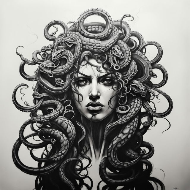 This is a detailed black and white pencil drawing of Medusa