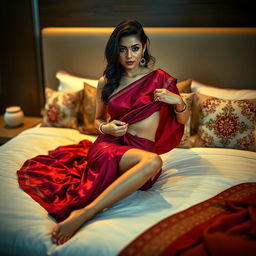 An Indian maid dressed in a vibrant maroon saree, elegantly sitting on a beautifully made bed