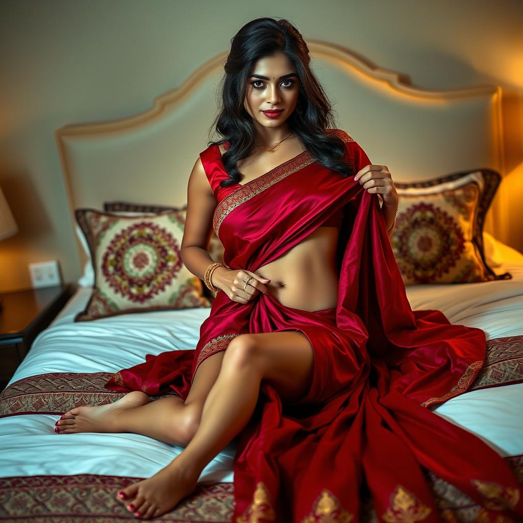 An Indian maid dressed in a vibrant maroon saree, elegantly sitting on a beautifully made bed