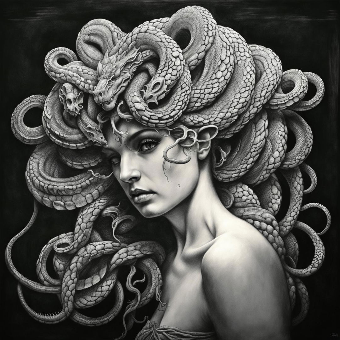 A high-definition black and white pencil drawing of Medusa