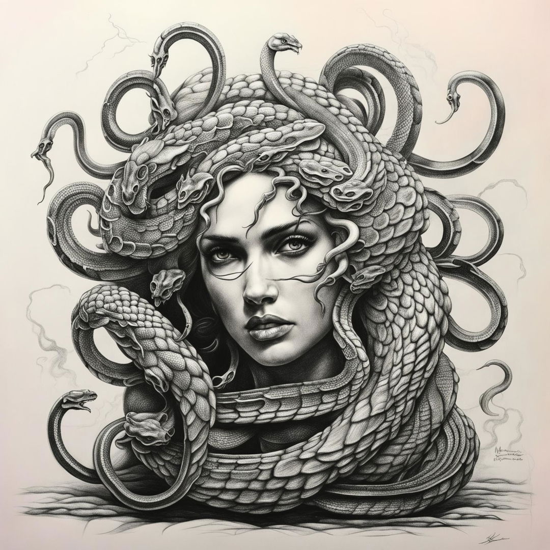 A high-definition black and white pencil drawing of Medusa, with particular attention paid to the realism of the snakes in her hair