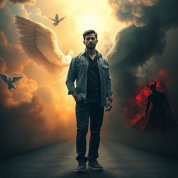 A deep conceptual image depicting a man standing at a crossroads, where he faces two distinct paths, one leading to an ethereal, luminous aura of angels, and the other engulfed in a dark, smoky environment representing devils