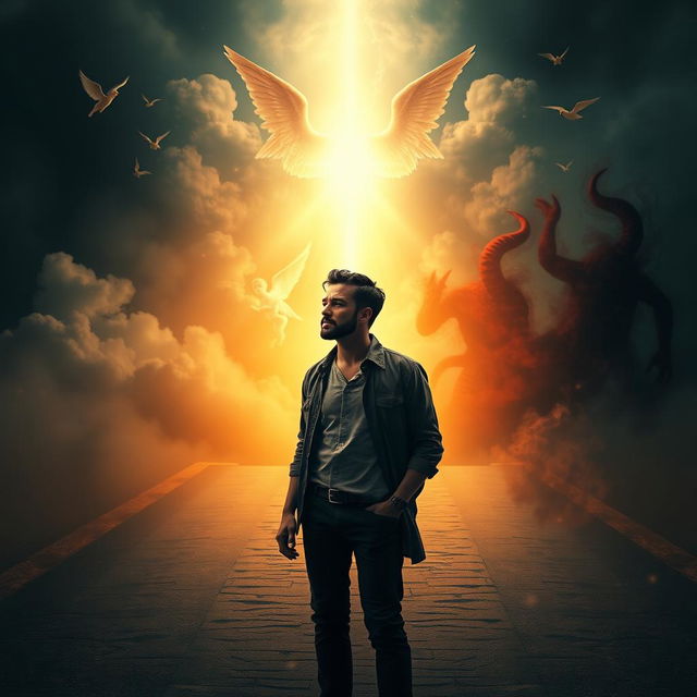 A deep conceptual image depicting a man standing at a crossroads, where he faces two distinct paths, one leading to an ethereal, luminous aura of angels, and the other engulfed in a dark, smoky environment representing devils