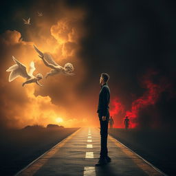 A deep conceptual image depicting a man standing at a crossroads, where he faces two distinct paths, one leading to an ethereal, luminous aura of angels, and the other engulfed in a dark, smoky environment representing devils