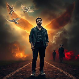 A deep conceptual image depicting a man standing at a crossroads, where he faces two distinct paths, one leading to an ethereal, luminous aura of angels, and the other engulfed in a dark, smoky environment representing devils