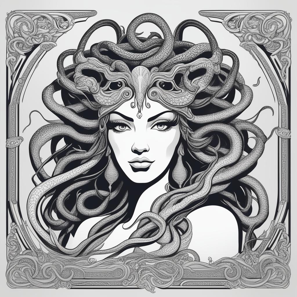 A high-quality, black and white cartoon illustration of Medusa with intricate details