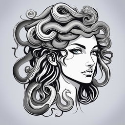 A high-quality, black and white cartoon illustration of Medusa with intricate details