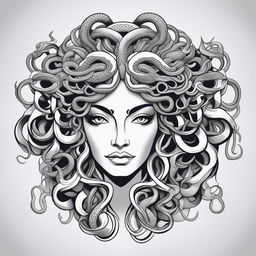 A high-quality, black and white cartoon illustration of Medusa with intricate details