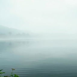 A serene landscape featuring a tranquil body of water reflecting the soft mist of a foggy nature setting