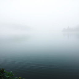 A serene landscape featuring a tranquil body of water reflecting the soft mist of a foggy nature setting