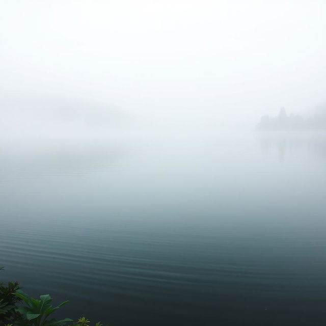 A serene landscape featuring a tranquil body of water reflecting the soft mist of a foggy nature setting