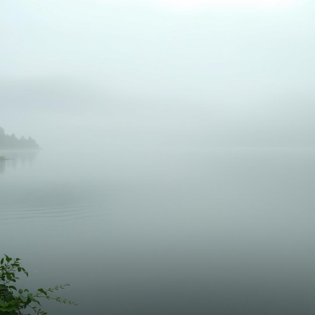 A serene landscape featuring a tranquil body of water reflecting the soft mist of a foggy nature setting