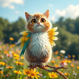 A whimsical creature that is a blend of a cat and a bird, featuring the body and fur patterns of a fluffy domestic cat, seamlessly merging into the colorful feathers and wings of a bird