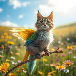 A whimsical creature that is a blend of a cat and a bird, featuring the body and fur patterns of a fluffy domestic cat, seamlessly merging into the colorful feathers and wings of a bird