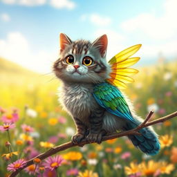 A whimsical creature that is a blend of a cat and a bird, featuring the body and fur patterns of a fluffy domestic cat, seamlessly merging into the colorful feathers and wings of a bird