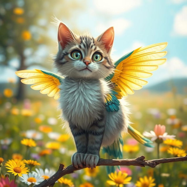 A whimsical creature that is a blend of a cat and a bird, featuring the body and fur patterns of a fluffy domestic cat, seamlessly merging into the colorful feathers and wings of a bird