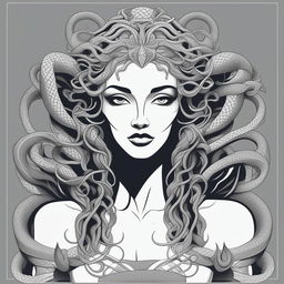 A high-quality, black and white cartoon illustration of Medusa with intricate details