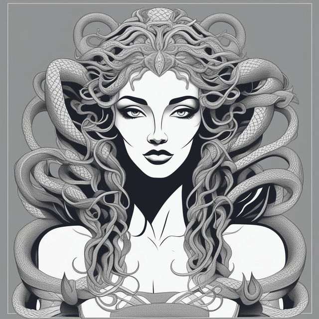 A high-quality, black and white cartoon illustration of Medusa with intricate details