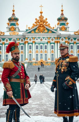 A historical scene featuring a Cossack soldier standing proudly in front of the Winter Palace in St