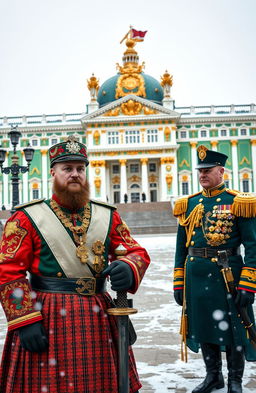 A historical scene featuring a Cossack soldier standing proudly in front of the Winter Palace in St