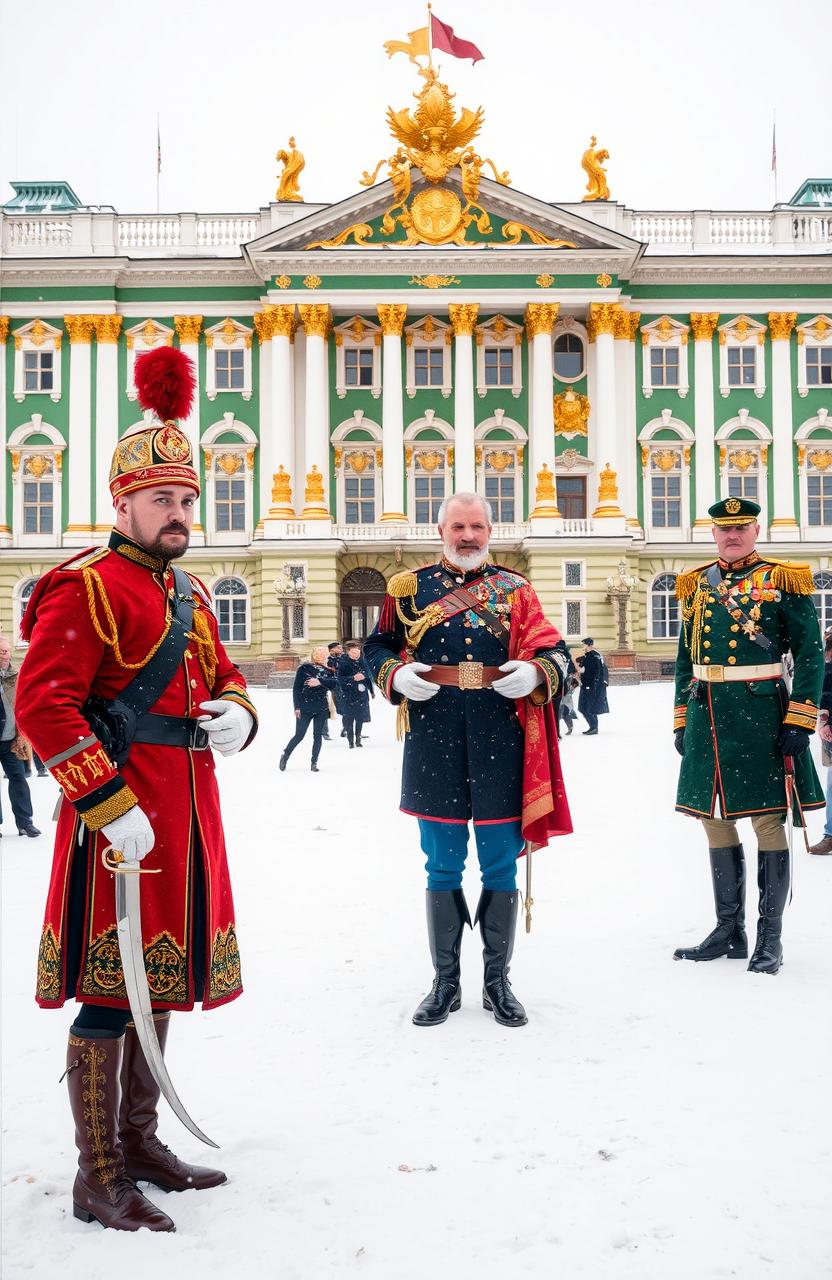 A historical scene featuring a Cossack soldier standing proudly in front of the Winter Palace in St