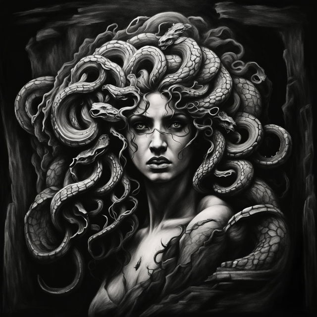 A high-quality black and white charcoal sketch of Medusa, the Gorgon with snake hair