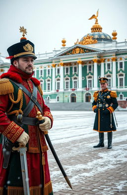 A historical scene featuring a Cossack soldier standing proudly in front of the Winter Palace in St