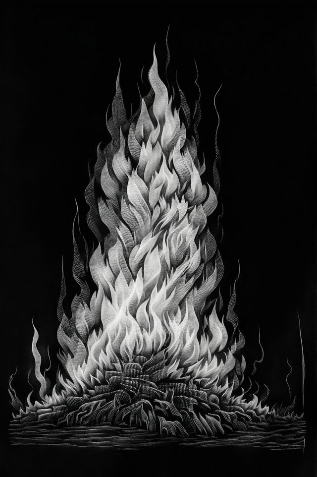 An eerie and intimidating stipple charcoal drawing of a fire, with thousands of tiny dots creating a rich texture and depth