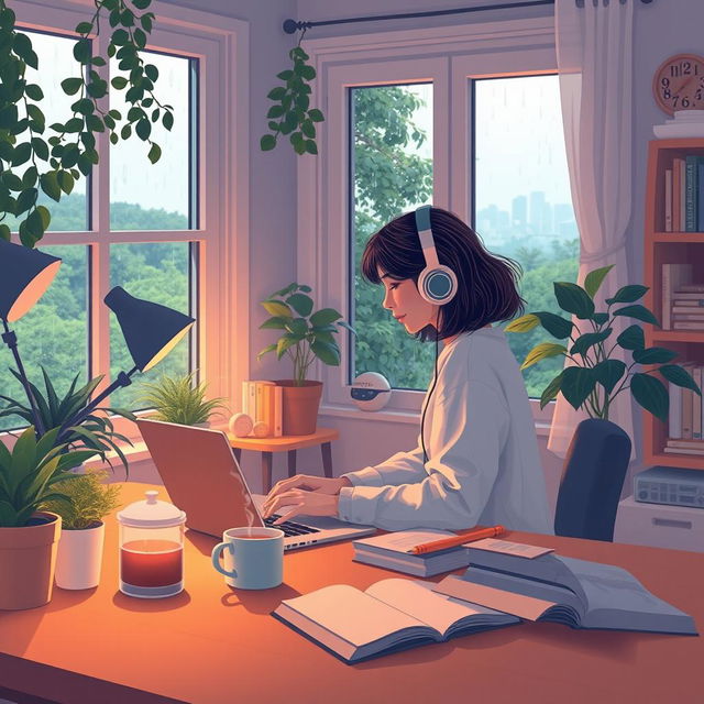 A serene and cozy lofi music scene depicting a young woman with headphones sitting at a wooden desk in a softly lit room filled with plants and books, gentle rain visible through the window