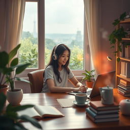 A serene and cozy lofi music scene depicting a young woman with headphones sitting at a wooden desk in a softly lit room filled with plants and books, gentle rain visible through the window
