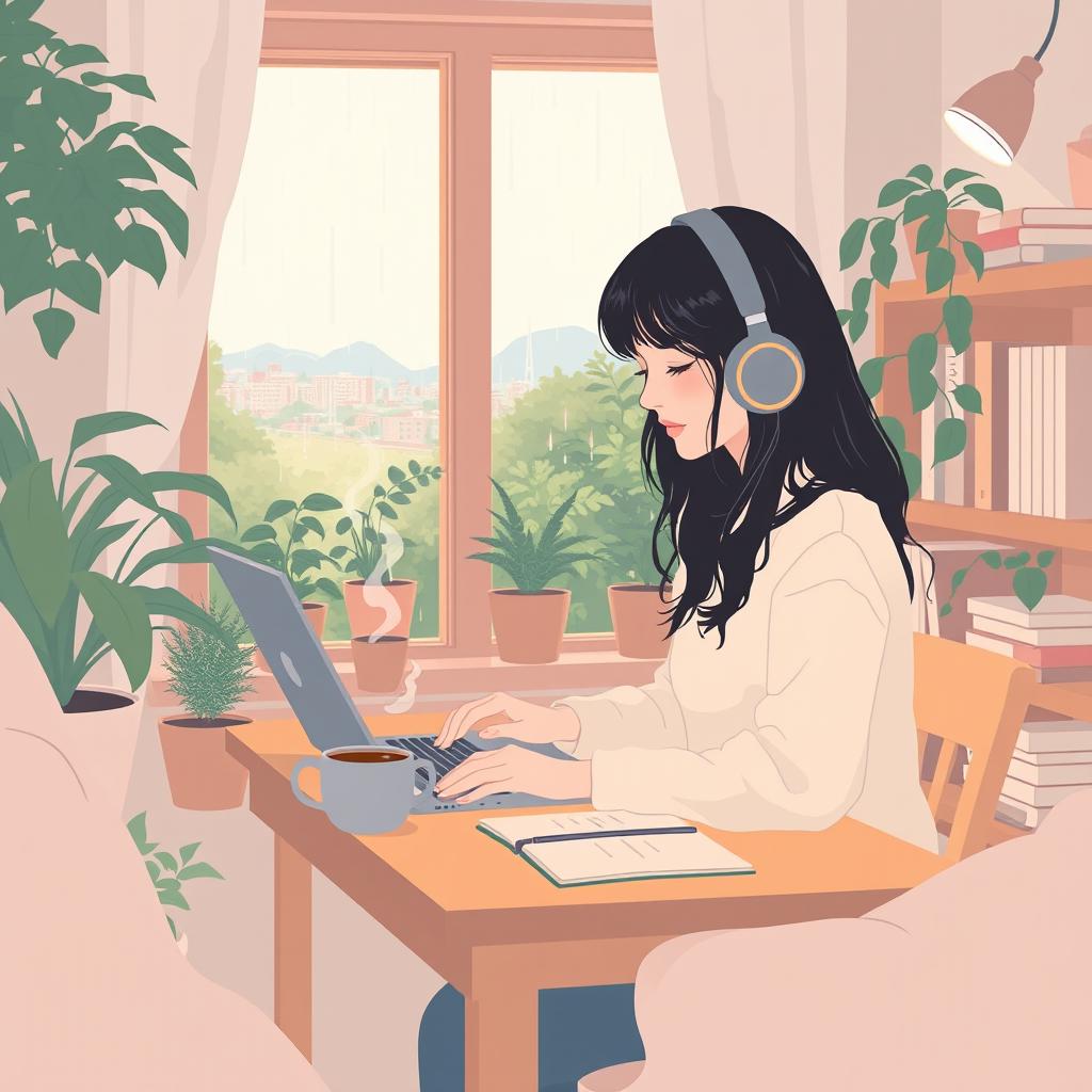 A serene and cozy lofi music scene depicting a young woman with headphones sitting at a wooden desk in a softly lit room filled with plants and books, gentle rain visible through the window