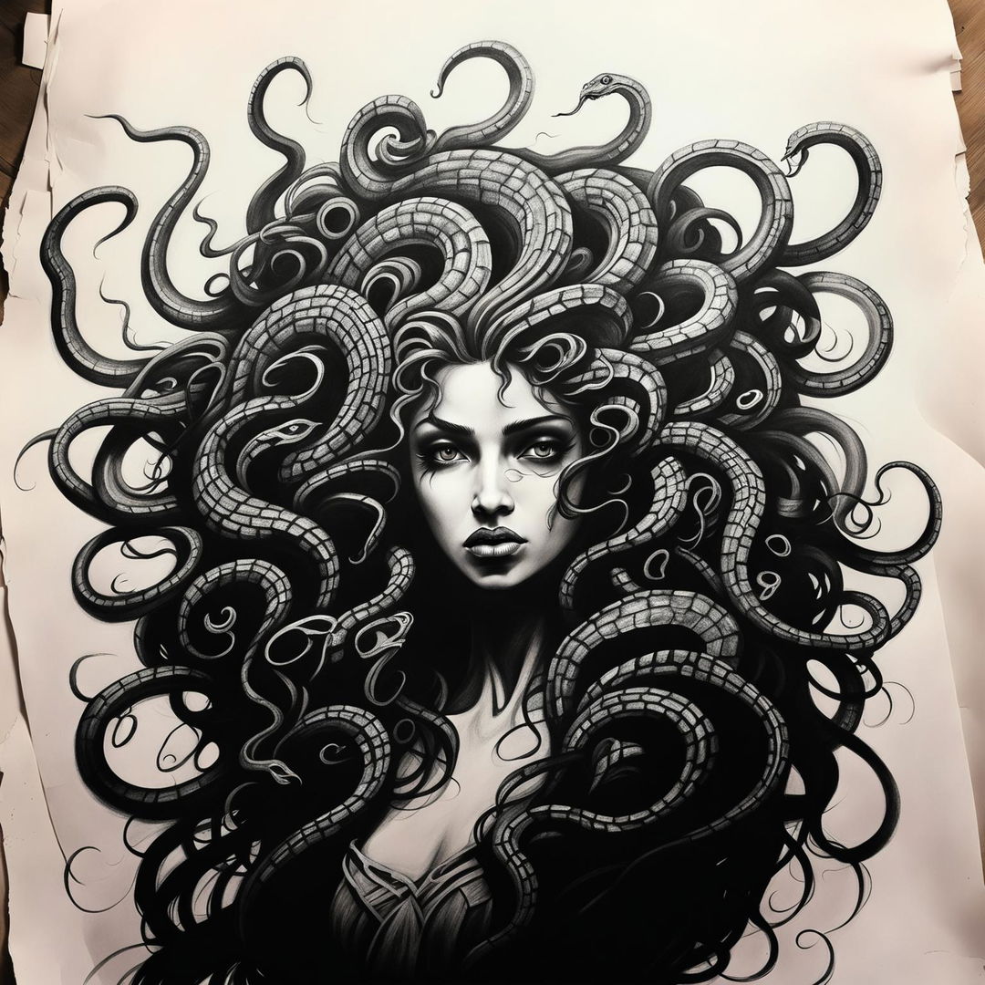 A high-quality black and white pastel drawing of Medusa, rendered with expressive, loose pencil strokes