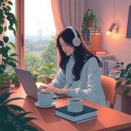 A serene and cozy lofi music scene depicting a young woman with headphones sitting at a wooden desk in a softly lit room filled with plants and books, gentle rain visible through the window