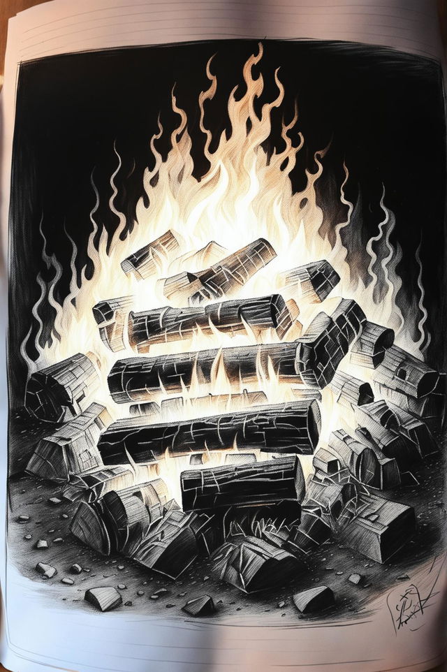 A comforting and inviting pencil drawing of a warm fire, with soft and defined strokes creating a sense of depth and texture