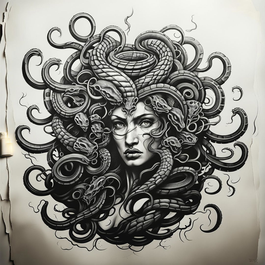 A black and white sharpie illustration of Medusa, the Greek gorgon, is depicted in this image